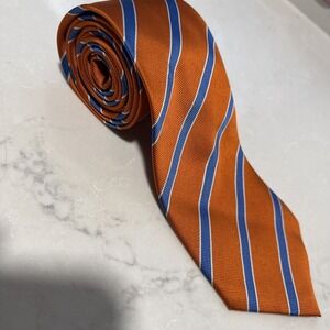 Silk Repp Tie Orange Blue Striped 100% Silk 59"X3.75"